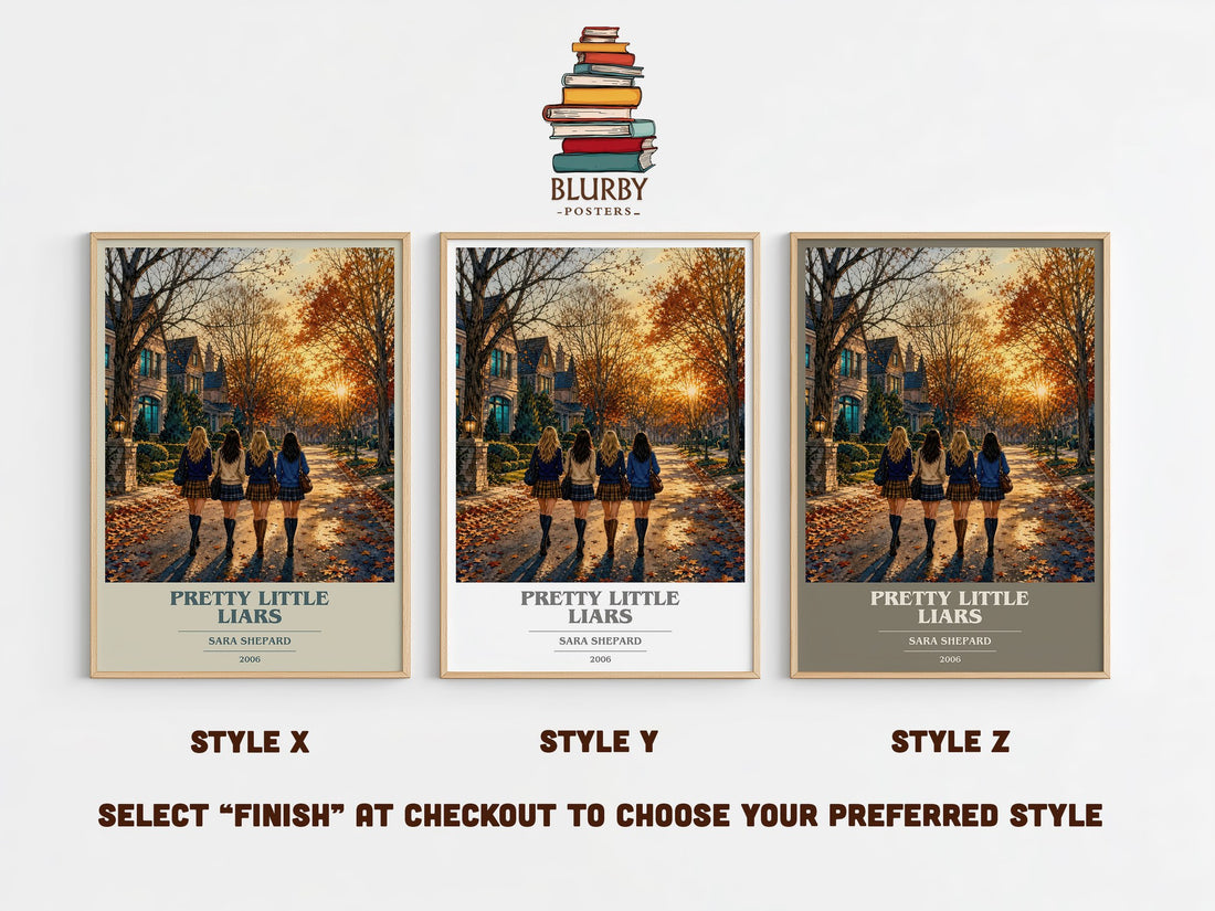 Pretty Little Liars book cover print in frame leaning in hallway – young adult wall art (mockup)