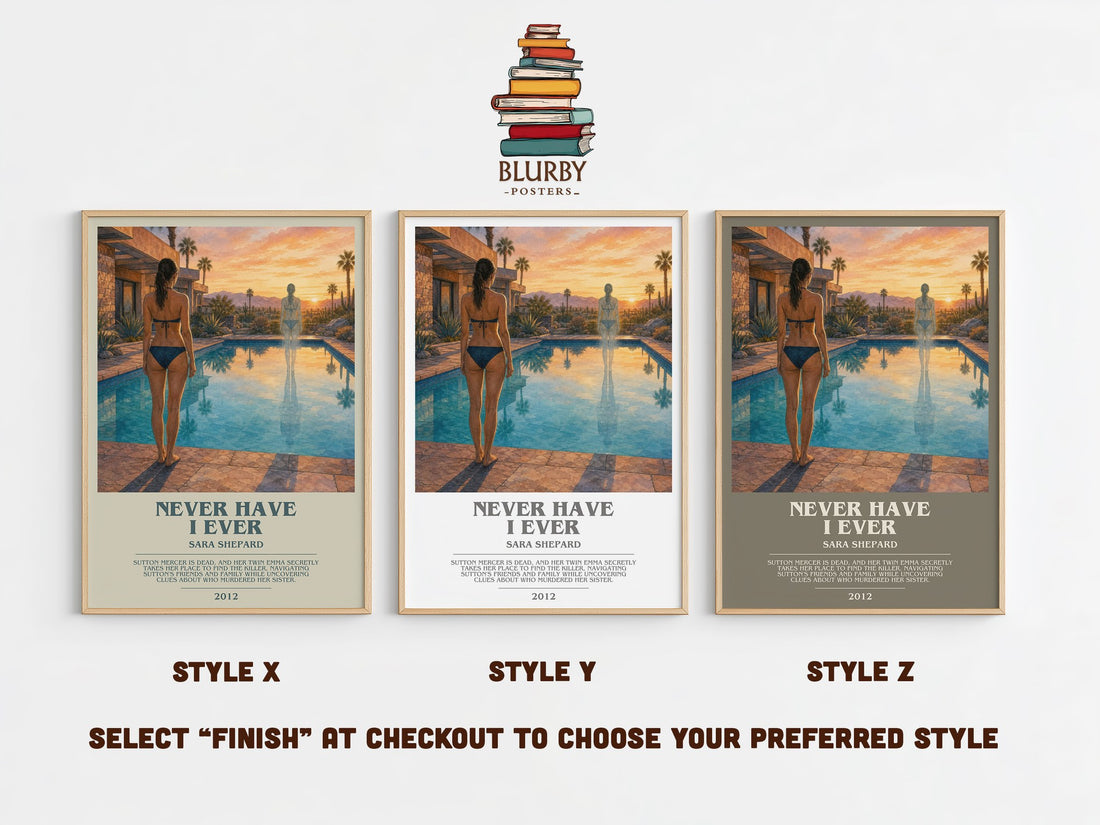 Never Have I Ever bookish print in frame leaning in hallway – young adult wall art (mockup)