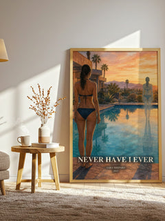 Never Have I Ever watercolour print in frame leaning in hallway – young adult wall art