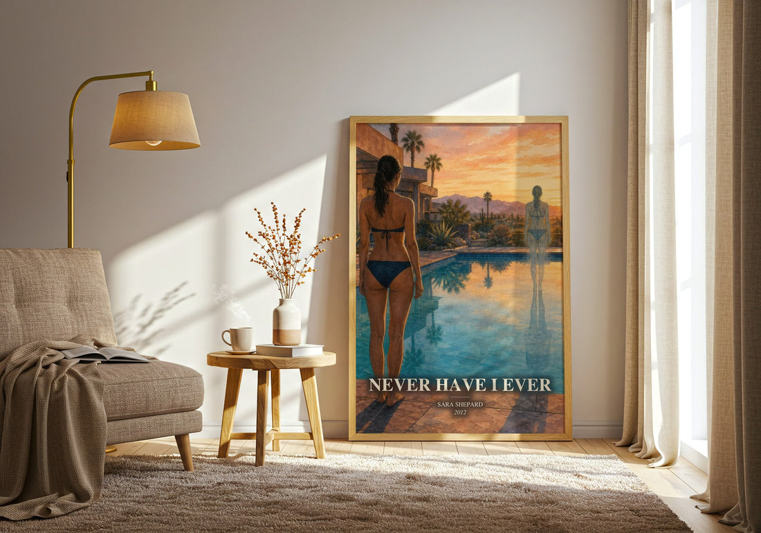 Never Have I Ever watercolour print in frame leaning in hallway – young adult wall art