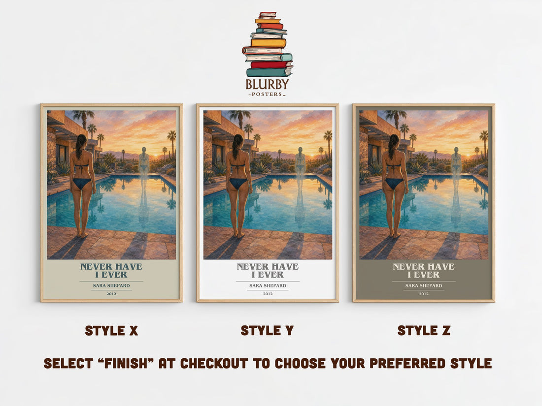 Never Have I Ever book cover print in frame leaning in hallway – young adult wall art (mockup)
