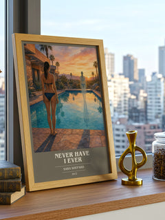 Never Have I Ever book cover print framed by window – literary home decor