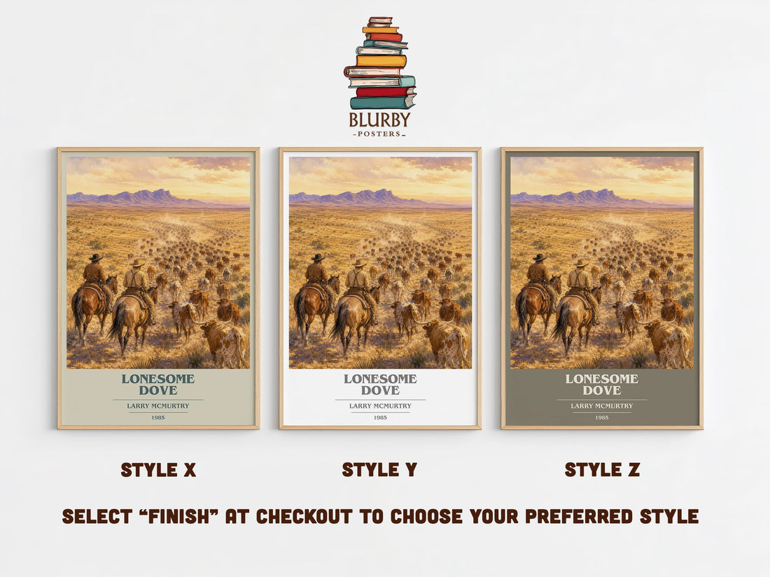 Lonesome Dove book cover print in frame leaning in hallway – literary fiction wall art (mockup)