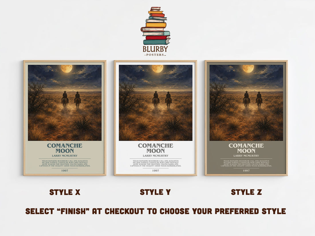 Comanche moon bookish print in frame leaning in hallway – historical fiction wall art (mockup)