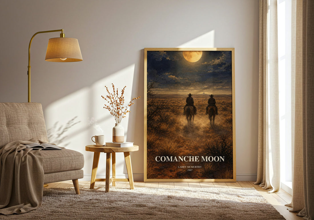 Comanche moon watercolour print in frame leaning in hallway – historical fiction wall art