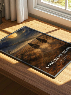 Comanche moon watercolour book poster framed on wall – historical fiction wall art