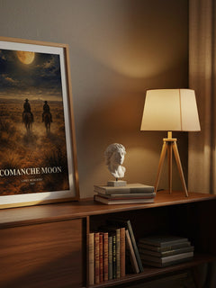 Comanche moon watercolour print on bookshelf – Larry McMurtry fan gift