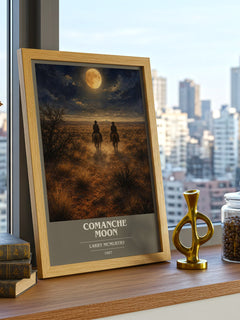 Comanche moon book cover print framed by window – literary home decor