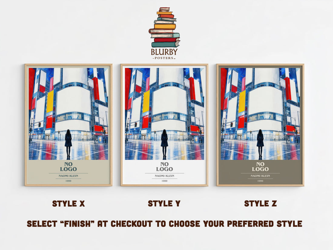 No Logo book cover print in frame leaning in hallway – non fiction wall art (mockup)
