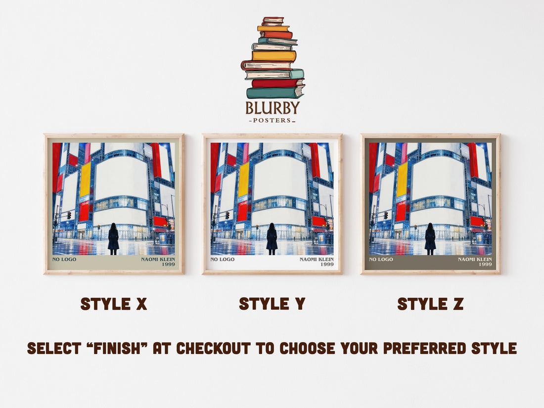 No Logo literary print in frame leaning in hallway – non fiction wall art (mockup)