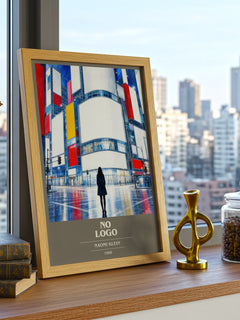 No Logo book cover print framed by window – literary home decor