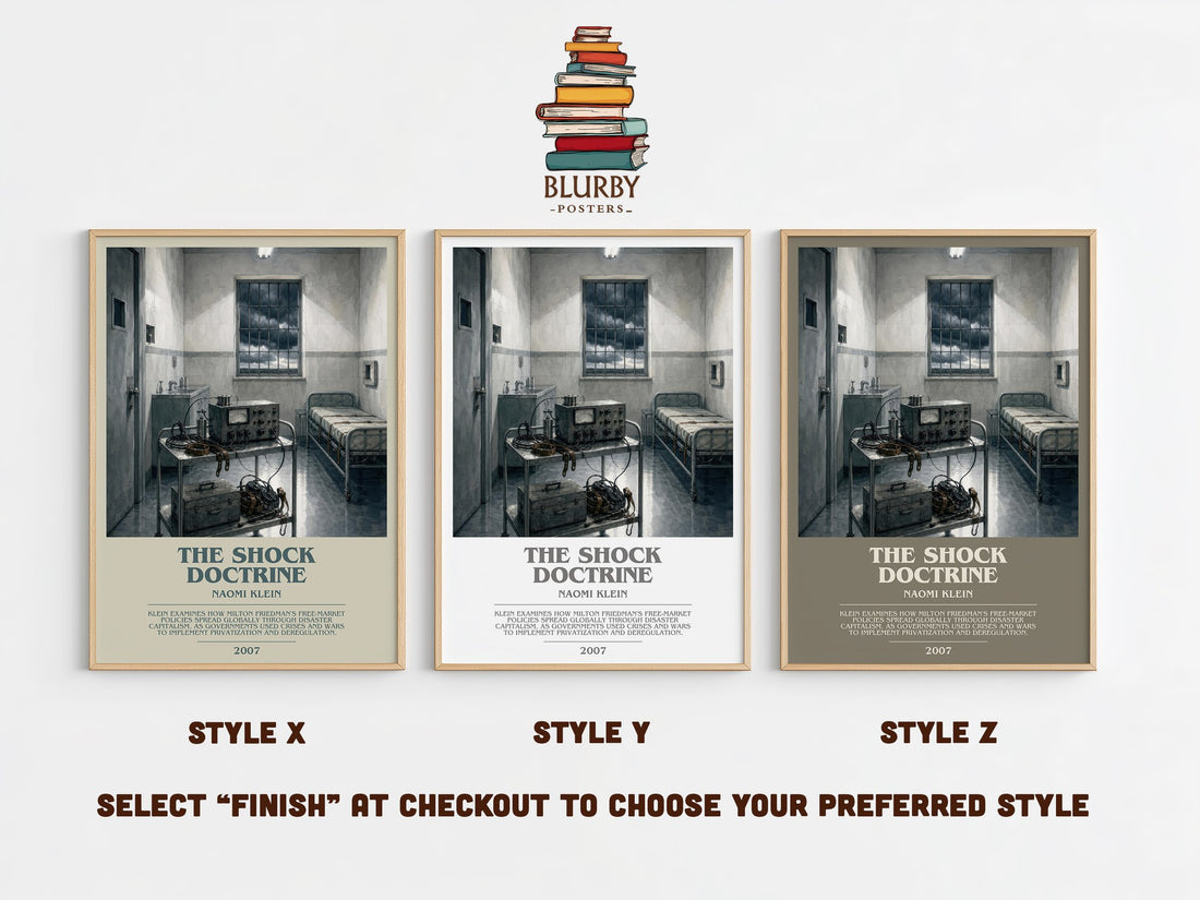 The Shock Doctrine bookish print in frame leaning in hallway – non fiction wall art (mockup)