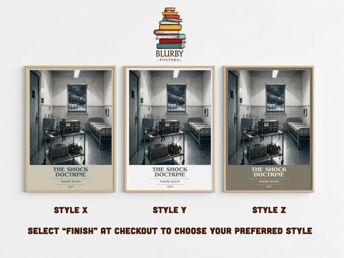 The Shock Doctrine book cover print in frame leaning in hallway – non fiction wall art (mockup)