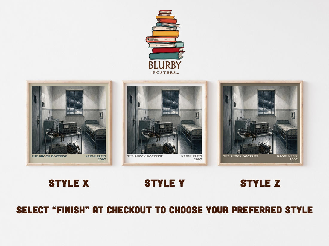 The Shock Doctrine literary print in frame leaning in hallway – non fiction wall art (mockup)