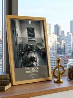 The Shock Doctrine book cover print framed by window – literary home decor