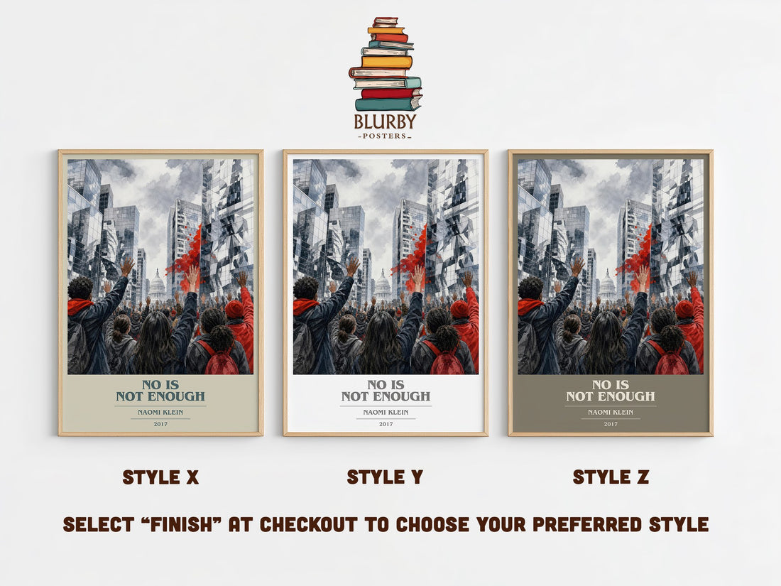 No Is Not Enough book cover print in frame leaning in hallway – non fiction wall art (mockup)