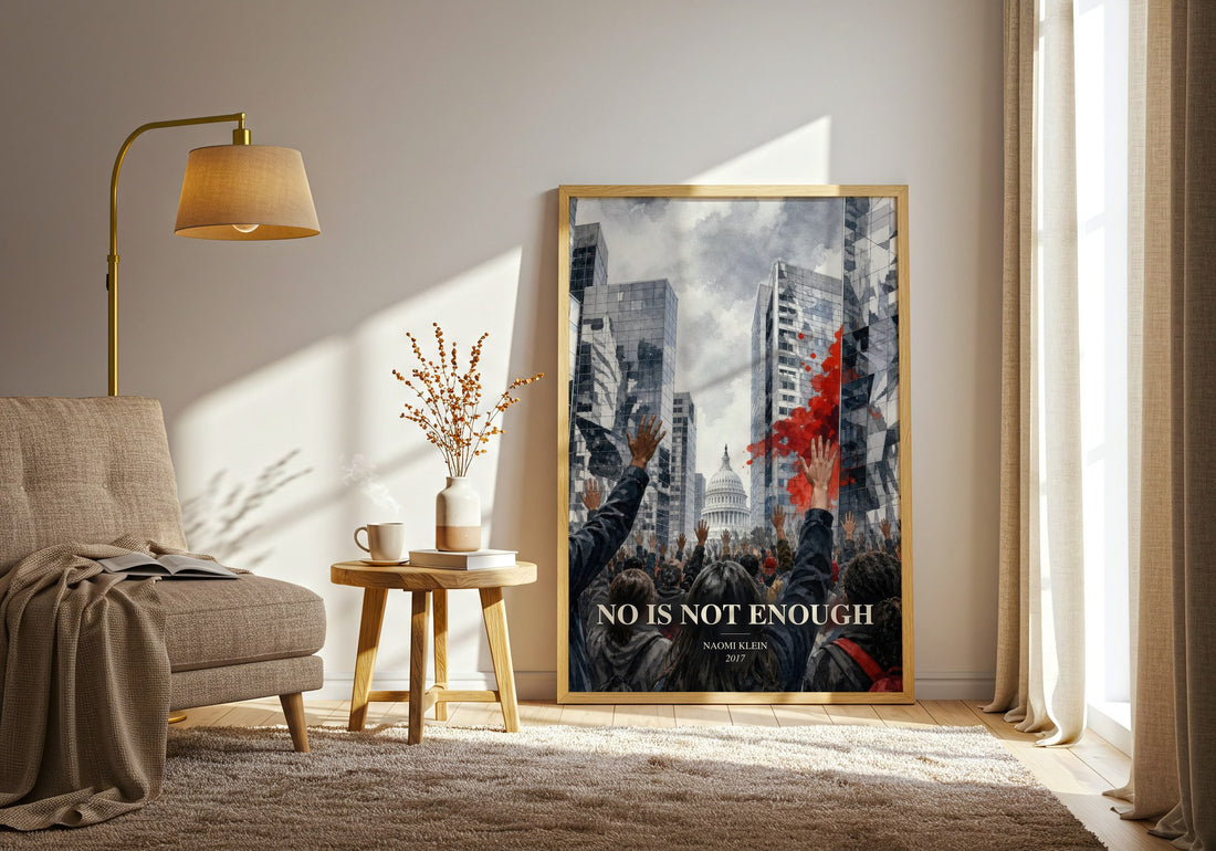 No Is Not Enough watercolour print in frame leaning in hallway – non fiction wall art