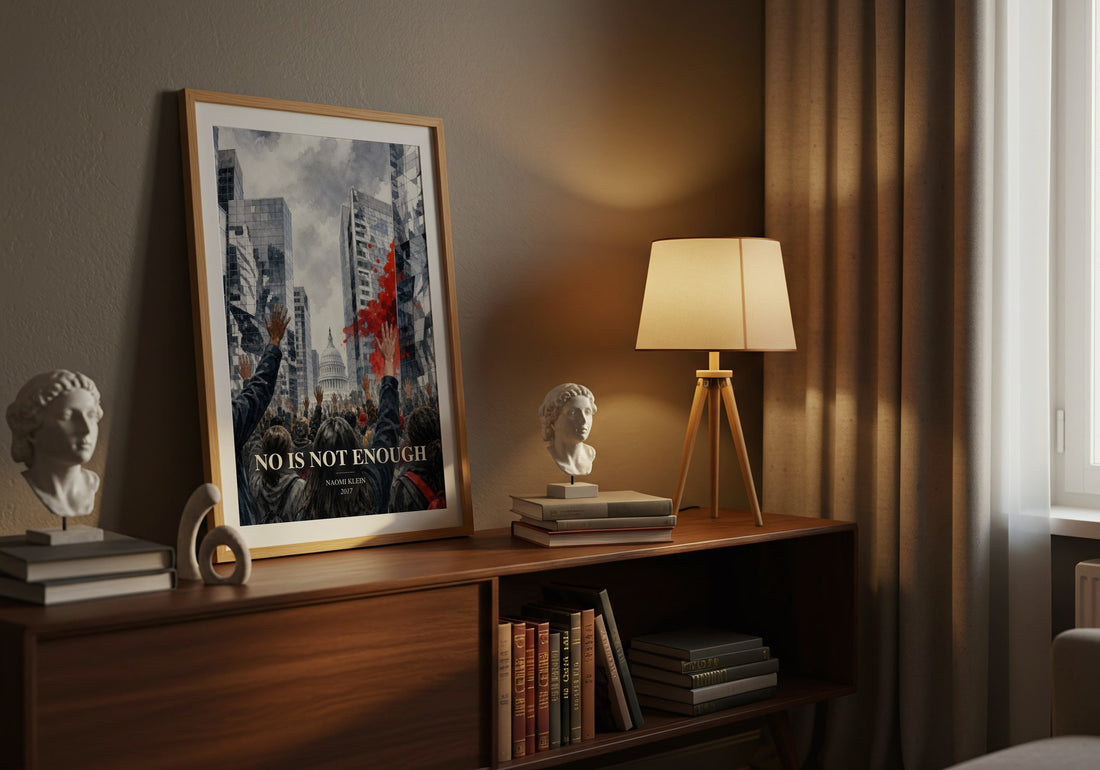 No Is Not Enough watercolour print on bookshelf – Naomi Klein fan gift