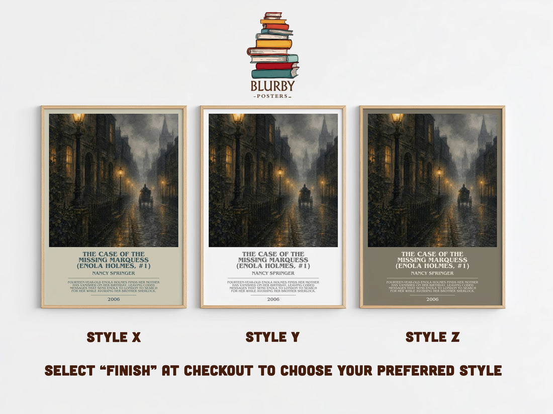 The Case of the Missing Marquess (Enola Holmes, #1) bookish print in frame leaning in hallway – mystery wall art (mockup)