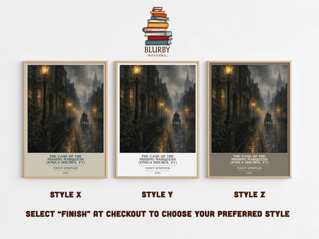 The Case of the Missing Marquess (Enola Holmes, #1) book cover print in frame leaning in hallway – mystery wall art (mockup)