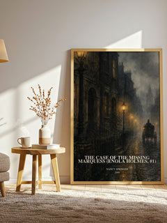 The Case of the Missing Marquess (Enola Holmes, #1) watercolour print in frame leaning in hallway – mystery wall art