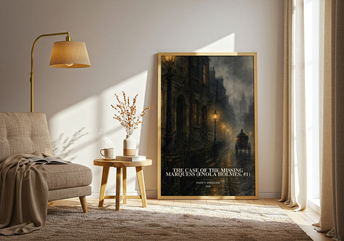 The Case of the Missing Marquess (Enola Holmes, #1) watercolour print in frame leaning in hallway – mystery wall art