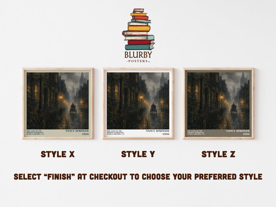 The Case of the Missing Marquess (Enola Holmes, #1) literary print in frame leaning in hallway – mystery wall art (mockup)