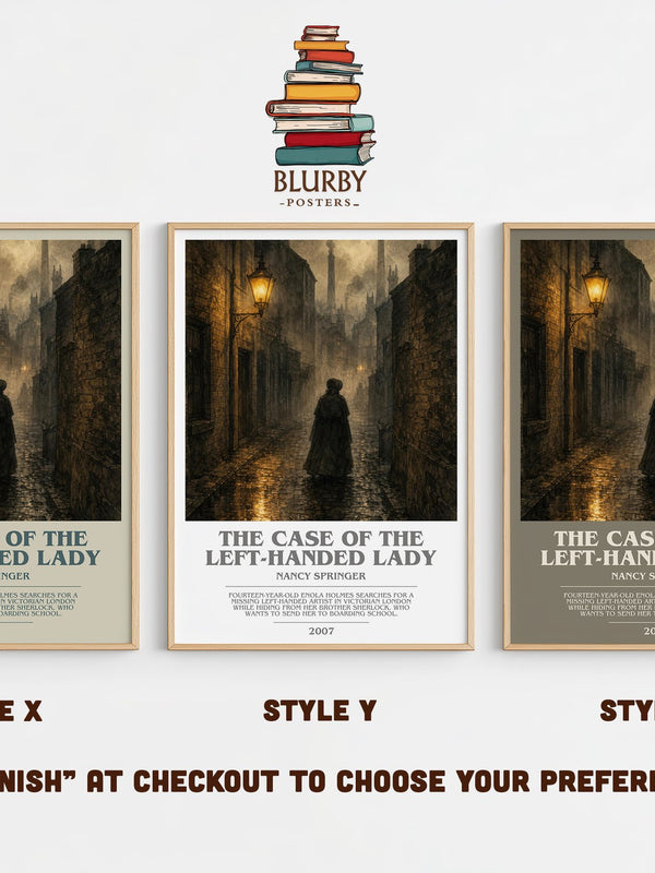 The Case of the Left-Handed Lady bookish print in frame leaning in hallway – mystery wall art