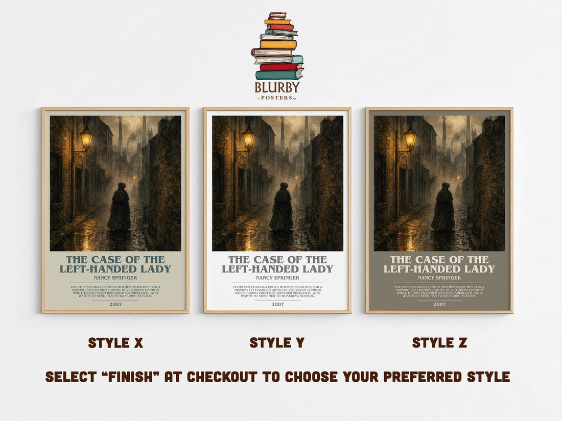 The Case of the Left-Handed Lady bookish print in frame leaning in hallway – mystery wall art (mockup)