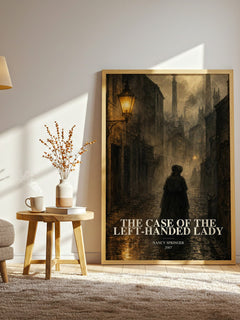 The Case of the Left-Handed Lady watercolour print in frame leaning in hallway – mystery wall art