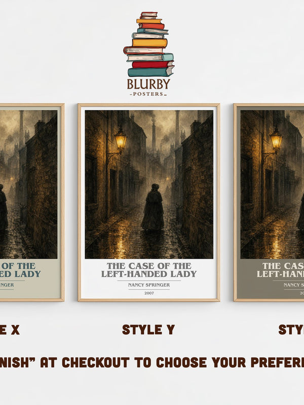 The Case of the Left-Handed Lady book cover print in frame leaning in hallway – mystery wall art