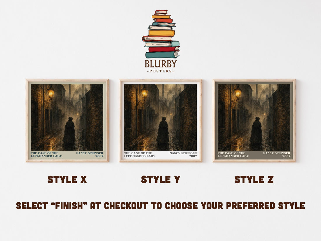 The Case of the Left-Handed Lady literary print in frame leaning in hallway – mystery wall art (mockup)