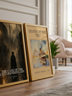 The Case of the Left-Handed Lady watercolour print framed by window – literary home decor
