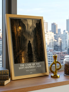 The Case of the Left-Handed Lady book cover print framed by window – literary home decor