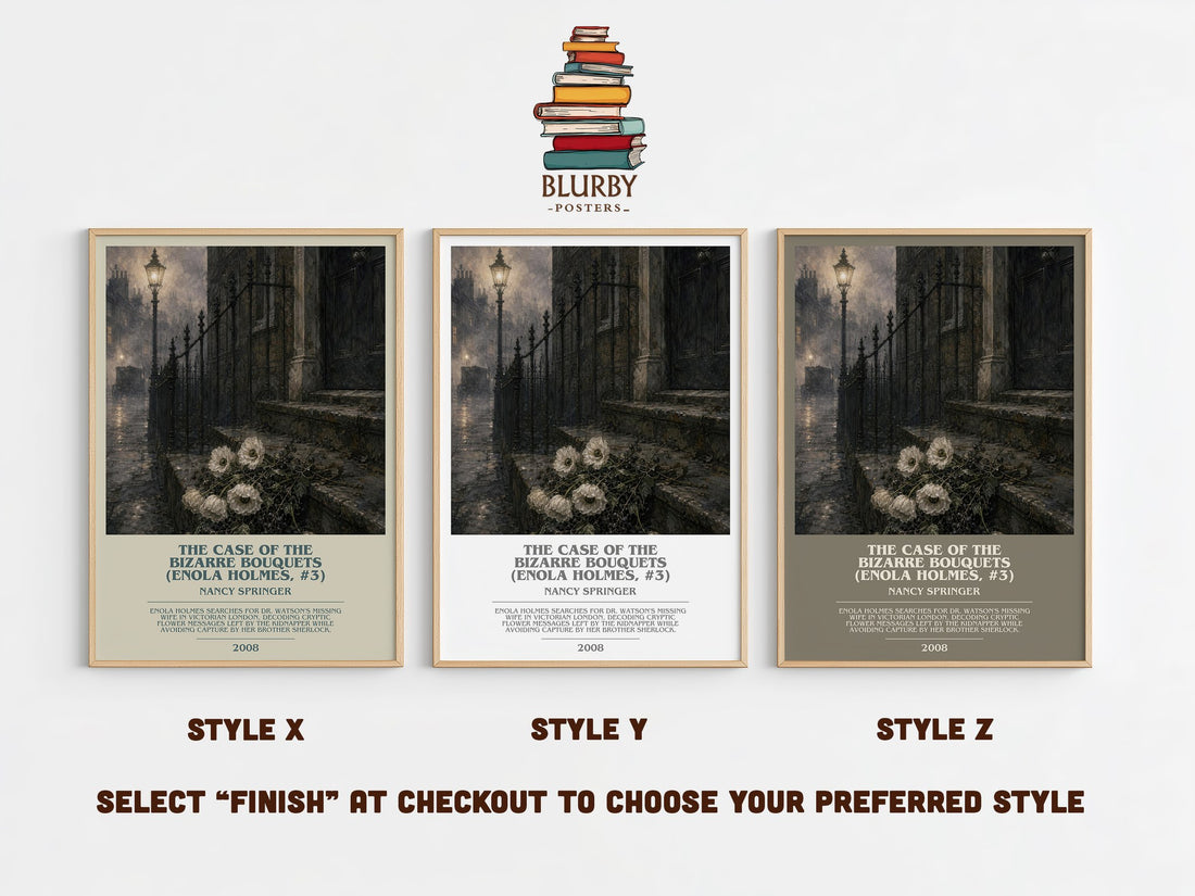 The Case of the Bizarre Bouquets (Enola Holmes, #3) bookish print in frame leaning in hallway – mystery wall art (mockup)