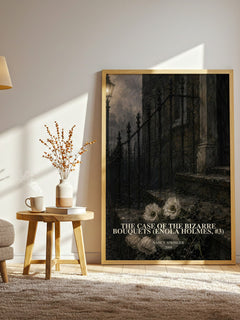 The Case of the Bizarre Bouquets (Enola Holmes, #3) watercolour print in frame leaning in hallway – mystery wall art