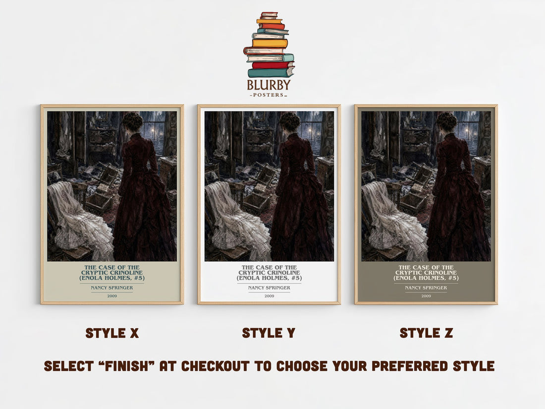 The Case of the Cryptic Crinoline (Enola Holmes, #5) book cover print in frame leaning in hallway – mystery wall art (mockup)