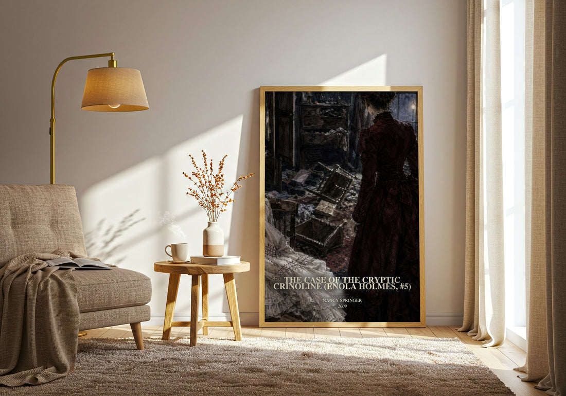 The Case of the Cryptic Crinoline (Enola Holmes, #5) watercolour print in frame leaning in hallway – mystery wall art