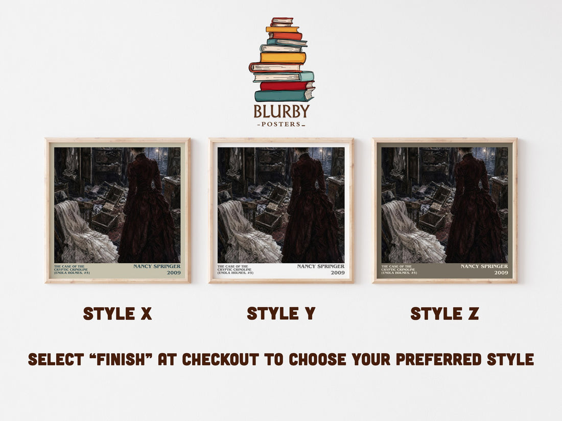 The Case of the Cryptic Crinoline (Enola Holmes, #5) literary print in frame leaning in hallway – mystery wall art (mockup)