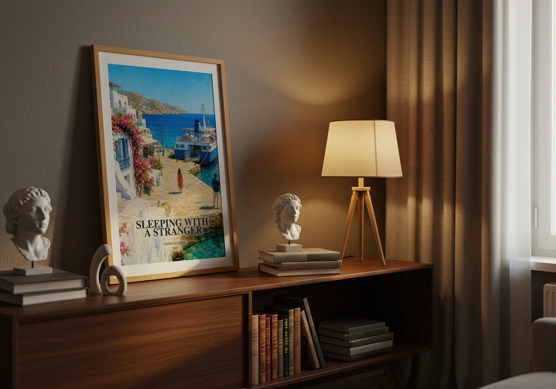 Sleeping with a Stranger watercolour print on bookshelf – Anne Mather fan gift