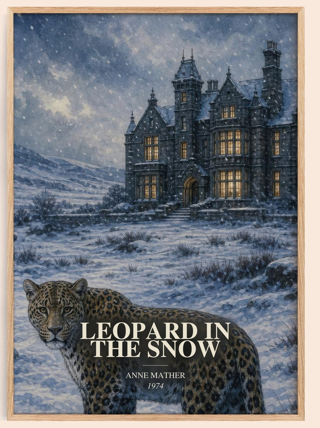 Leopard in the Snow watercolour book poster by Anne Mather – framed literary art print