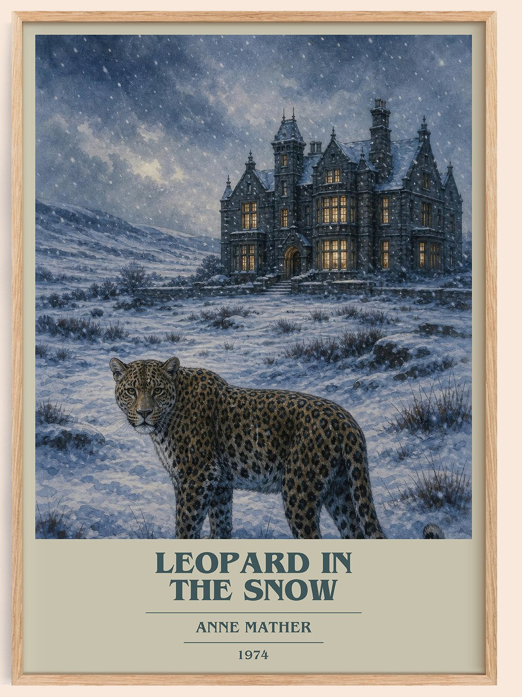 Leopard in the Snow book cover book poster by Anne Mather – framed literary art print