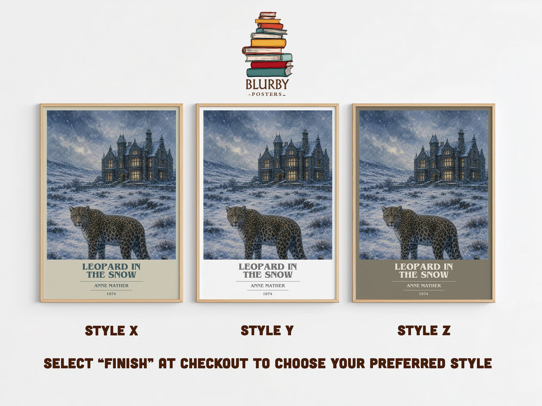 Leopard in the Snow book cover print in frame leaning in hallway – romance wall art (mockup)