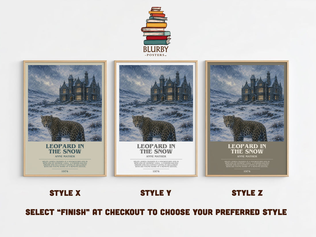 Leopard in the Snow bookish print in frame leaning in hallway – romance wall art (mockup)