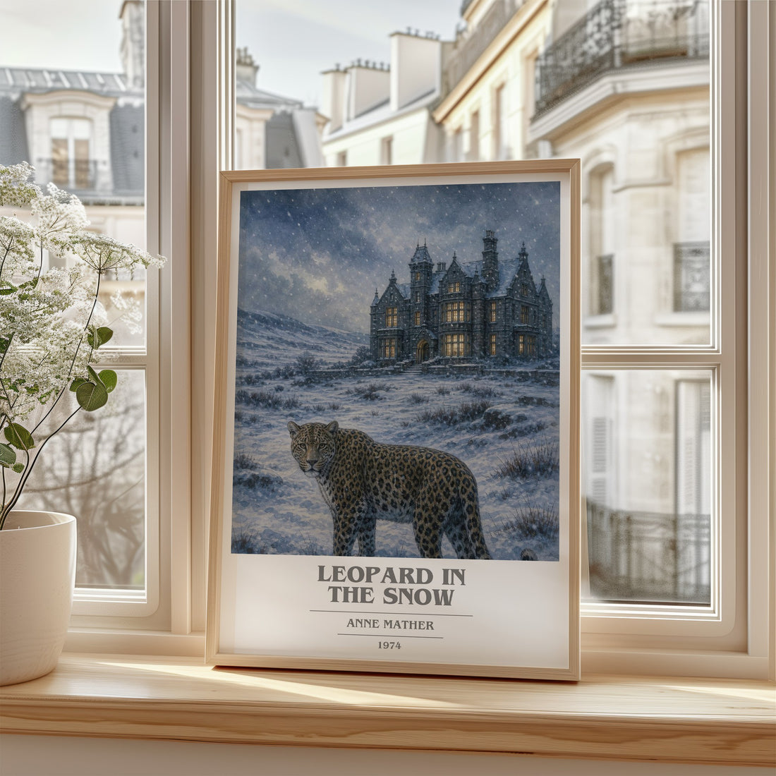 Leopard in the Snow book cover poster colour and style options – Anne Mather book art