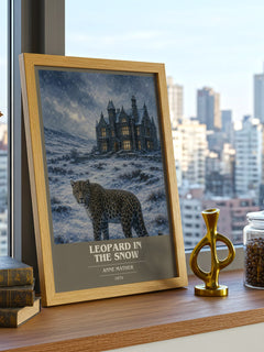 Leopard in the Snow book cover print framed by window – literary home decor