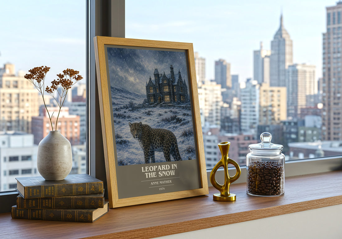 Leopard in the Snow book cover print framed by window – literary home decor