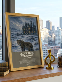 Leopard in the Snow bookish print framed by window – literary home decor