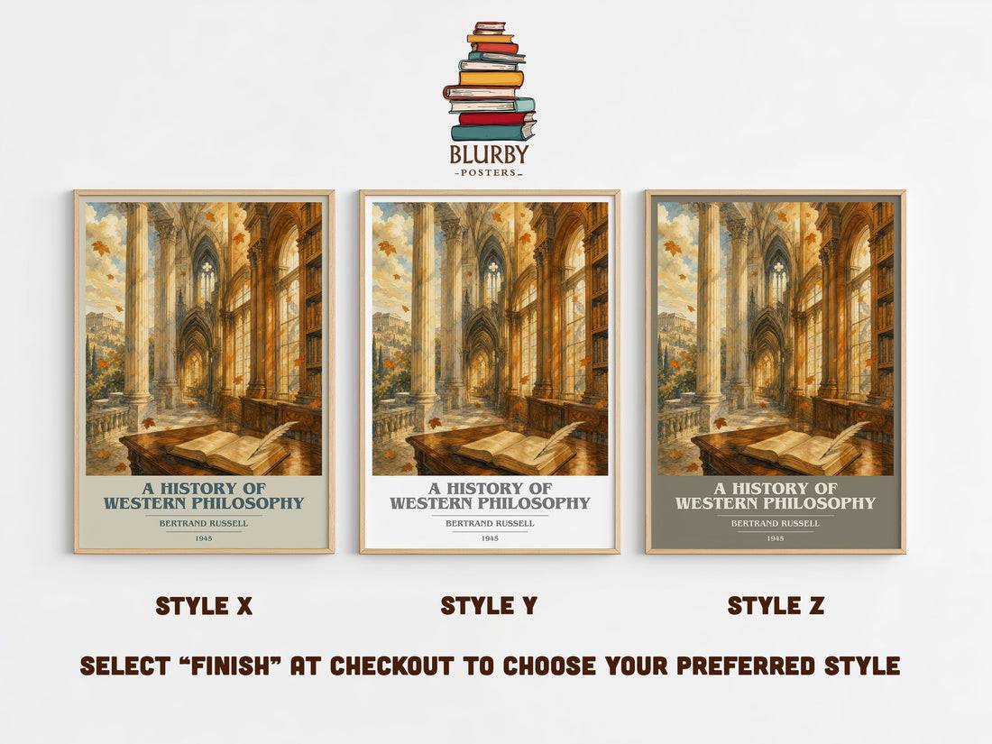 A History of Western Philosophy book cover print in frame leaning in hallway – philosophy wall art (mockup)