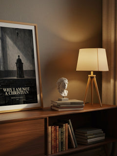 Why I am not a Christian watercolour print on bookshelf – Bertrand Russell fan gift